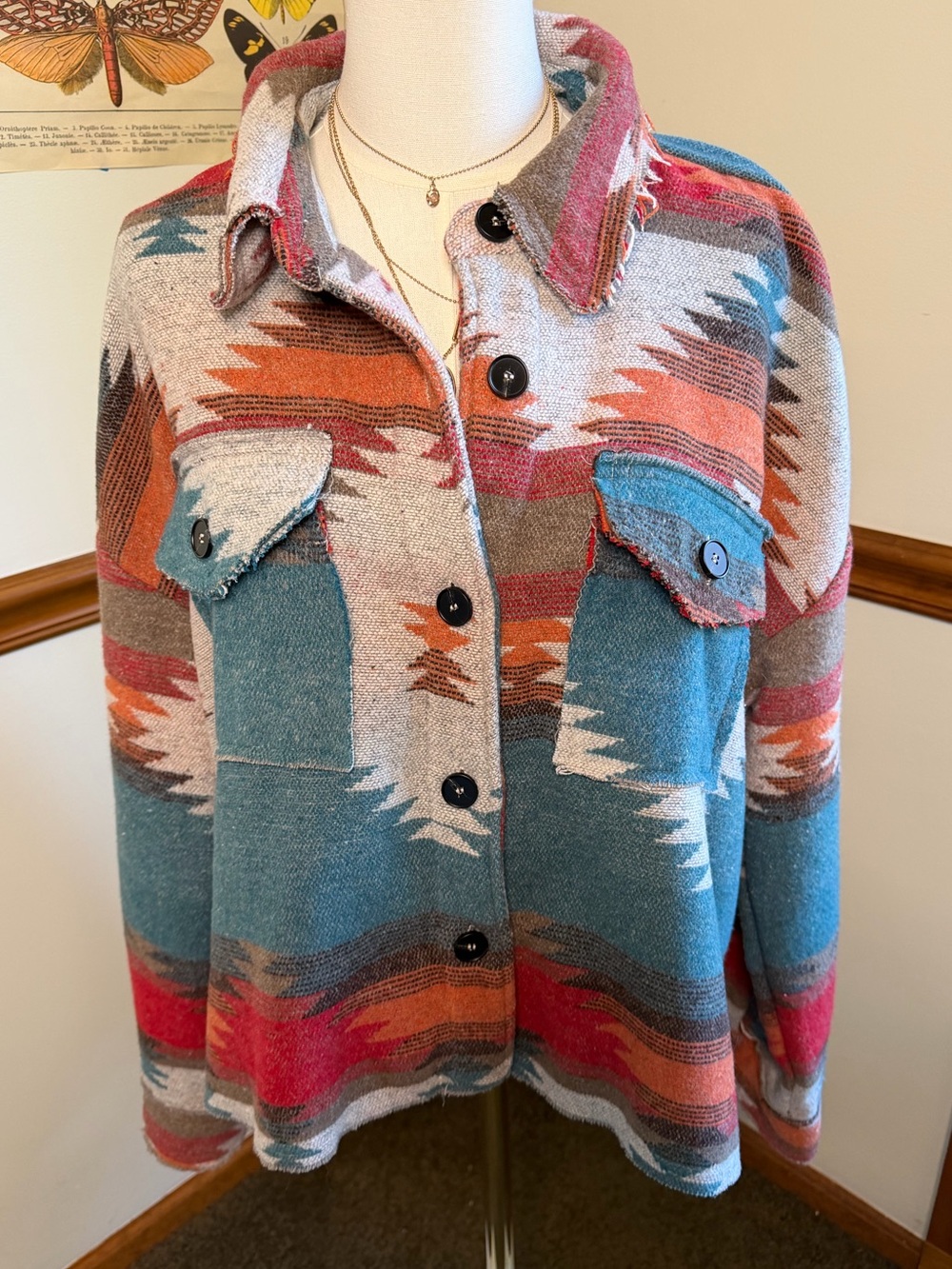 Bohemian Aztec-Print Button-Front Jacket in Teal & Rust